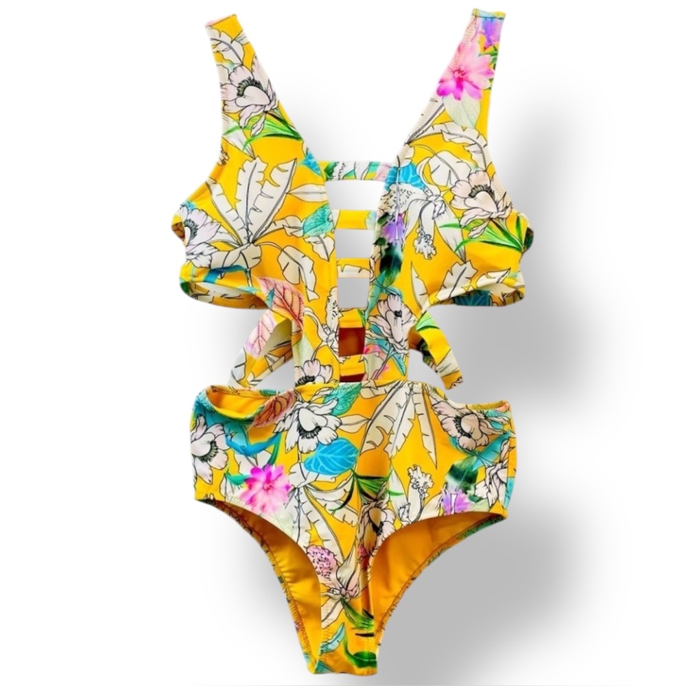TiniBikini one-piece swimsuit with side & chest cutouts, tropical print …